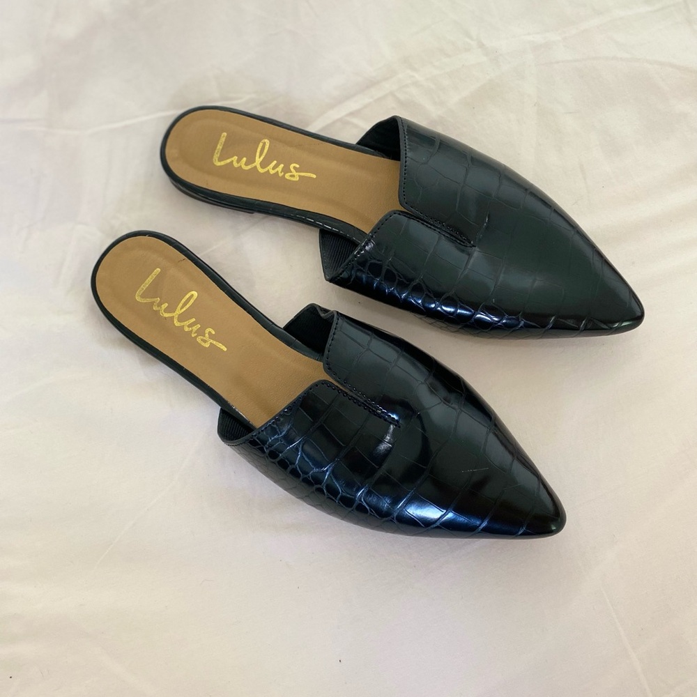 Lulu's Glossy Black Croc Mules